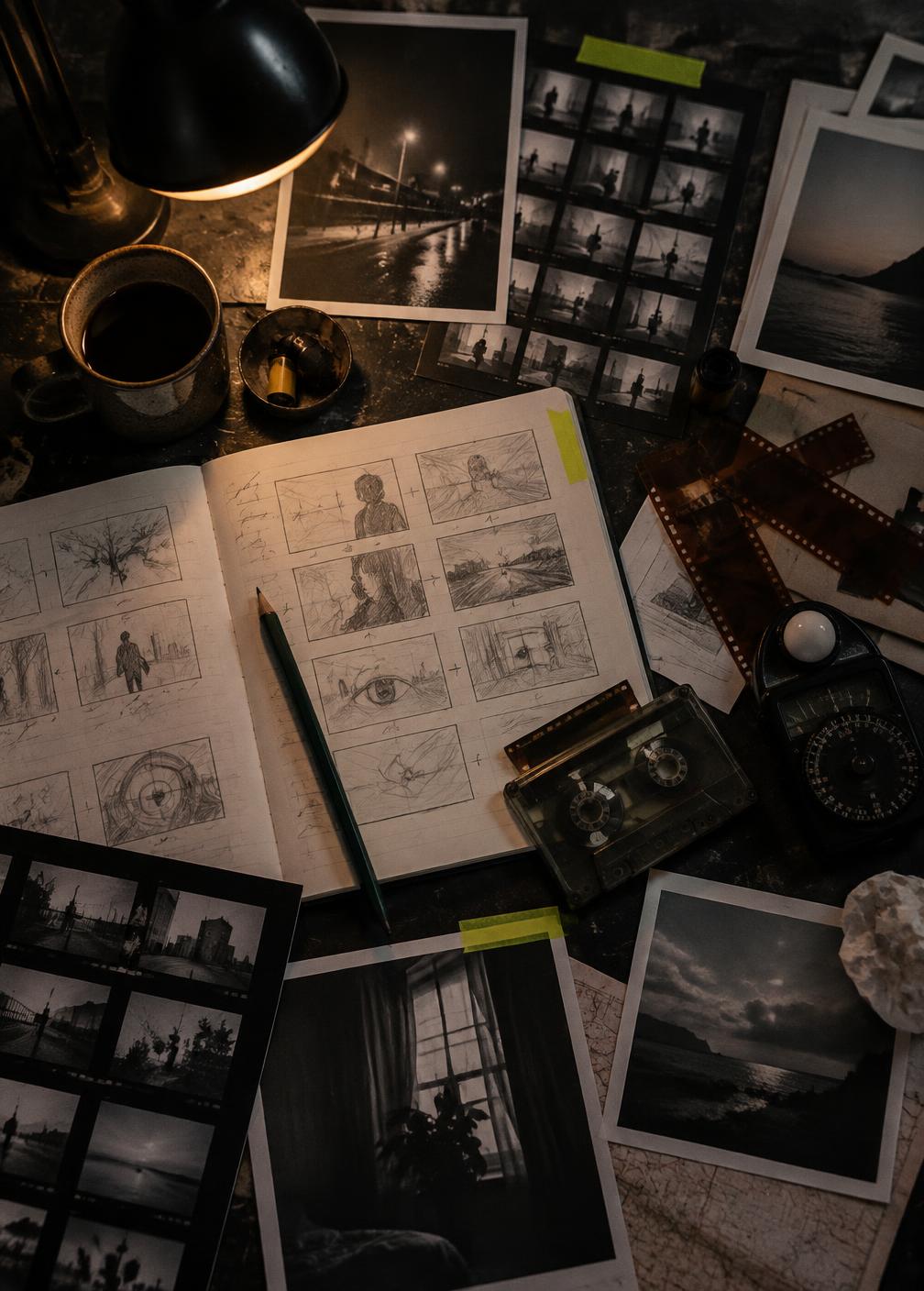 Storyboards, film strips and photographs on a creative work table