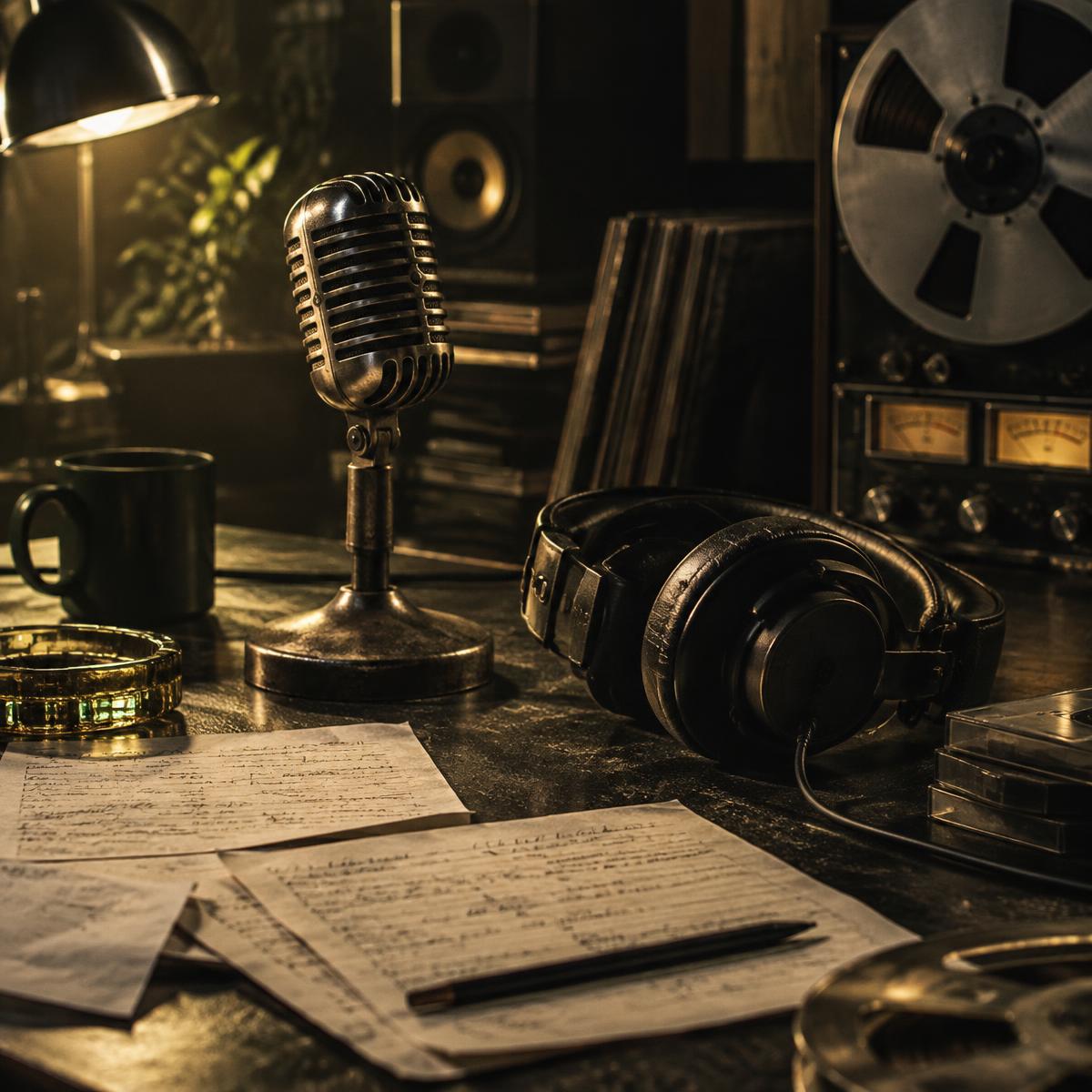 A recording space with microphone, headphones and handwritten music notes